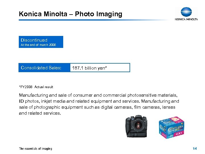 Konica Minolta – Photo Imaging Discontinued At the end of march 2006 Consolidated Sales: