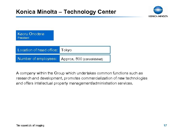 Konica Minolta – Technology Center Kaoru Onodera President Location of head office: Tokyo Number