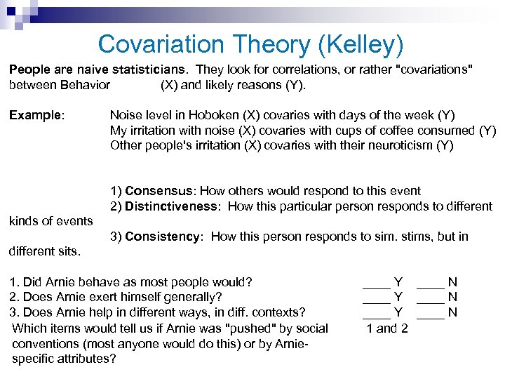 Covariation Theory (Kelley) People are naive statisticians. They look for correlations, or rather "covariations"