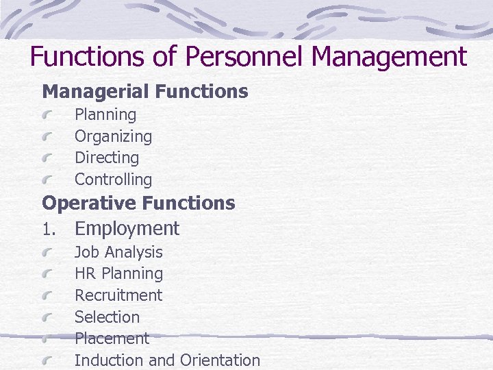 Functions of Personnel Management Managerial Functions Planning Organizing Directing Controlling Operative Functions 1. Employment
