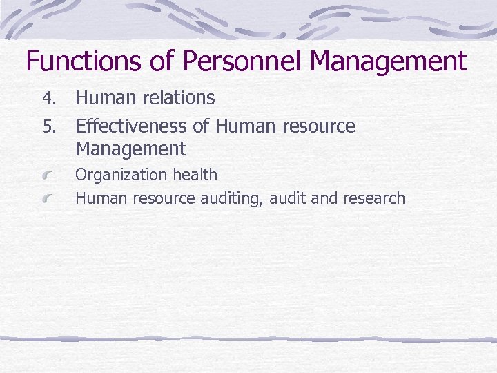 Functions of Personnel Management Human relations 5. Effectiveness of Human resource Management 4. Organization