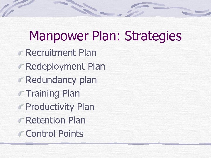 Manpower Plan: Strategies Recruitment Plan Redeployment Plan Redundancy plan Training Plan Productivity Plan Retention