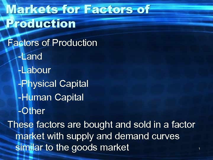 Markets for Factors of Production -Land -Labour -Physical Capital -Human Capital -Other These factors