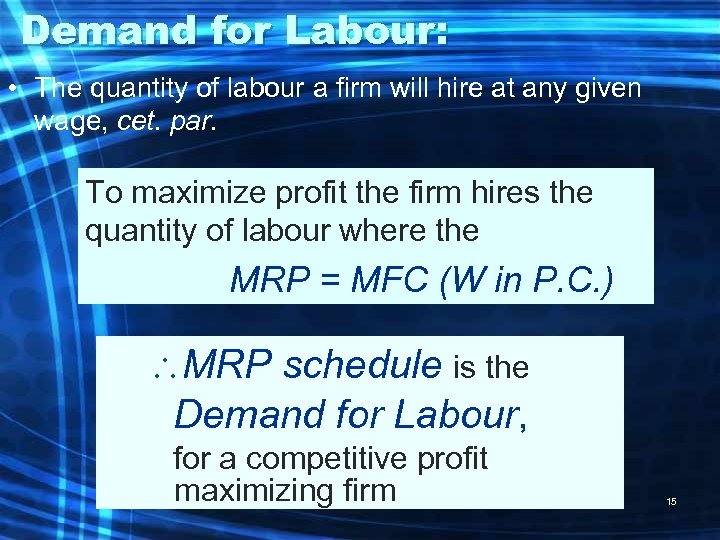 Demand for Labour: • The quantity of labour a firm will hire at any