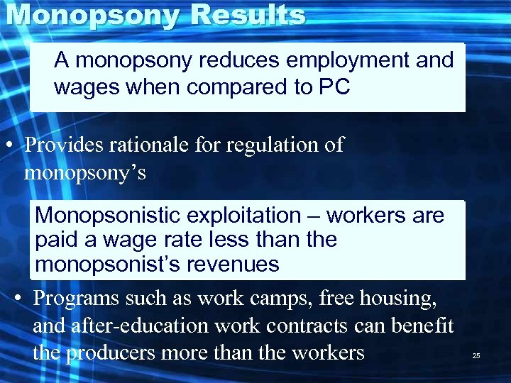 Monopsony Results A monopsony reduces employment and wages when compared to PC • Provides