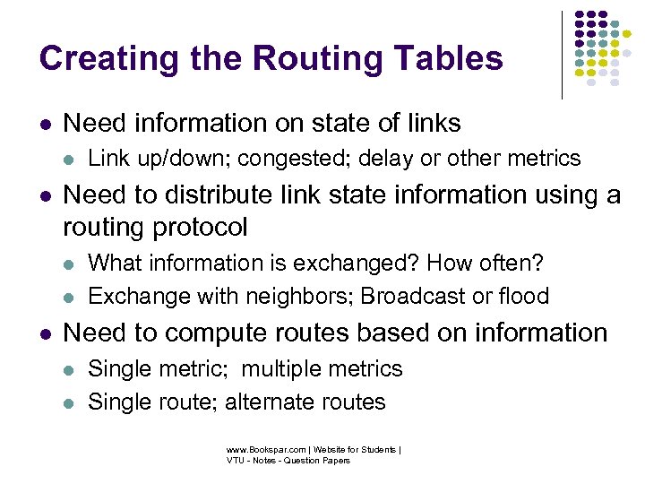 Creating the Routing Tables Need information on state of links Need to distribute link