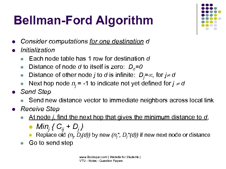 Bellman-Ford Algorithm Consider computations for one destination d Initialization Each node table has 1