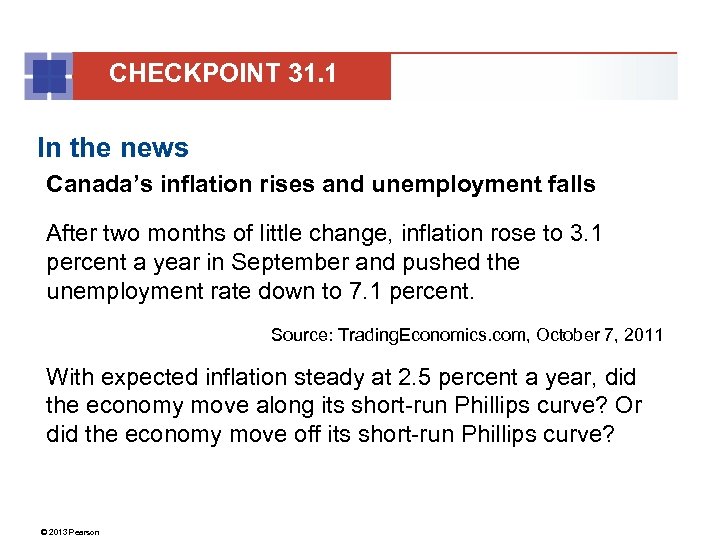 CHECKPOINT 31. 1 In the news Canada’s inflation rises and unemployment falls After two