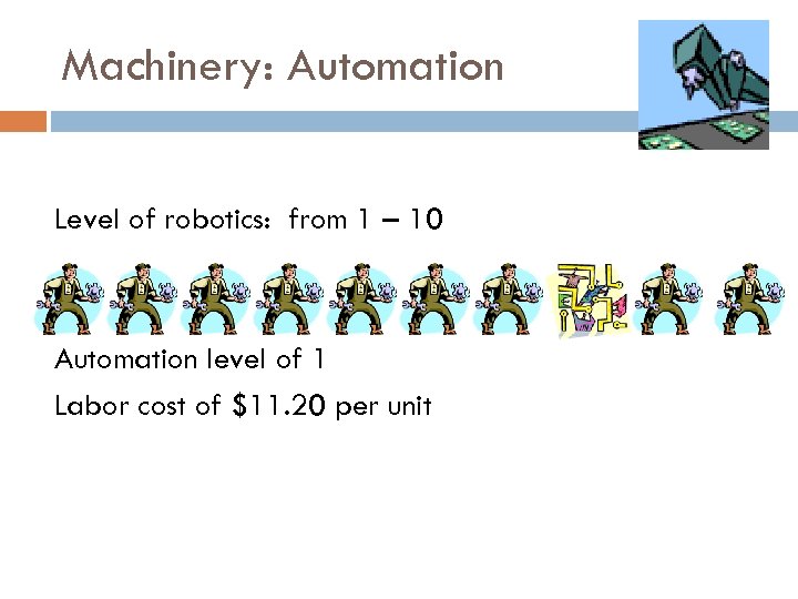 Machinery: Automation Level of robotics: from 1 – 10 Automation level of 1 Labor