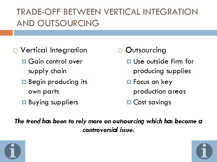 TRADE-OFF BETWEEN VERTICAL INTEGRATION AND OUTSOURCING Vertical Integration Gain control over supply chain Begin