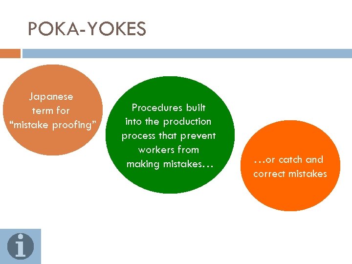 POKA-YOKES Japanese term for “mistake proofing” Procedures built into the production process that prevent