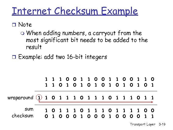 Internet Checksum Example r Note m When adding numbers, a carryout from the most