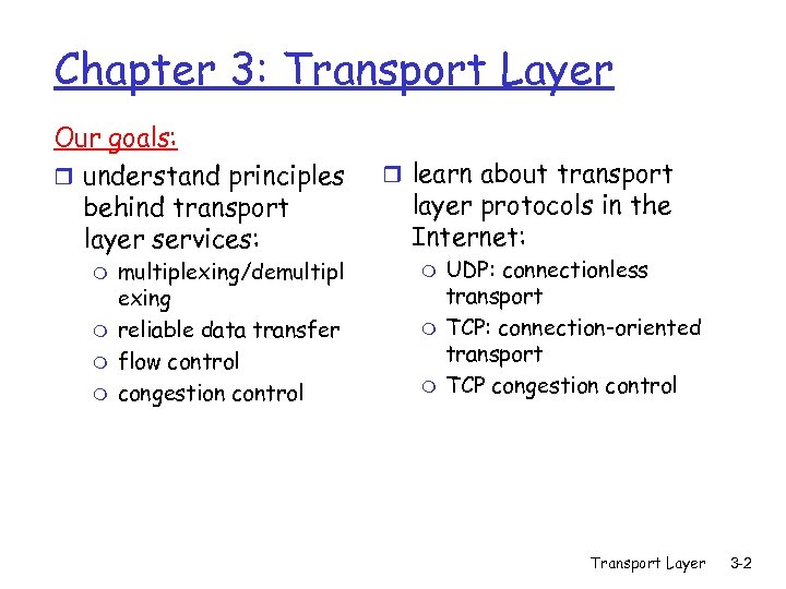 Chapter 3: Transport Layer Our goals: r understand principles behind transport layer services: m