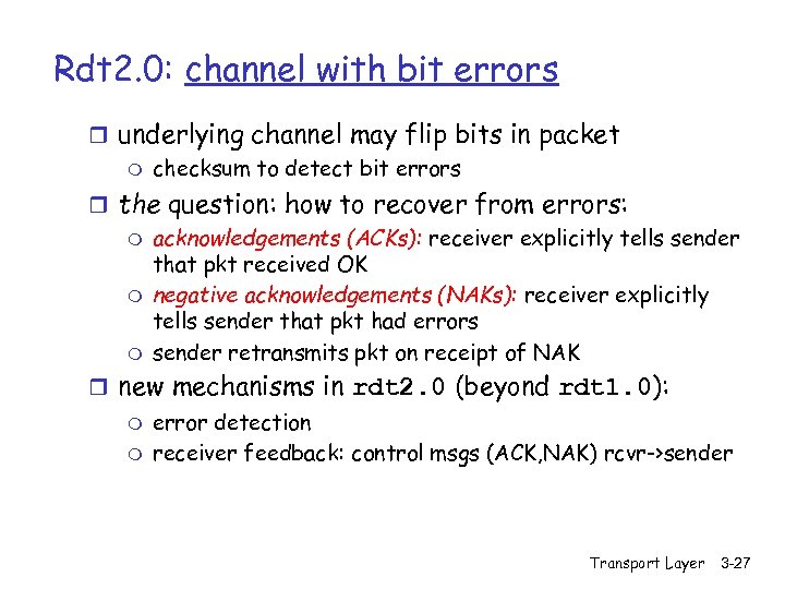 Rdt 2. 0: channel with bit errors r underlying channel may flip bits in