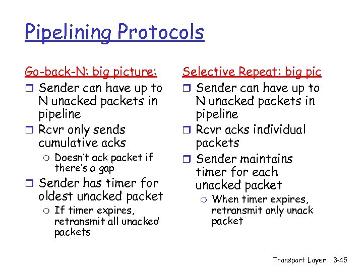 Pipelining Protocols Go-back-N: big picture: r Sender can have up to N unacked packets