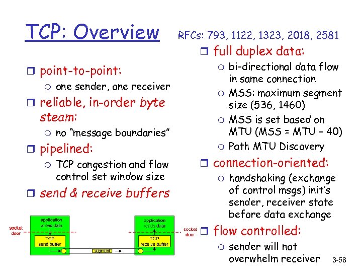 TCP: Overview r point-to-point: m one sender, one receiver r reliable, in-order byte steam: