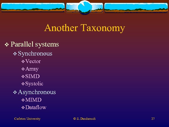 Another Taxonomy v Parallel systems v Synchronous v Vector v Array v SIMD v