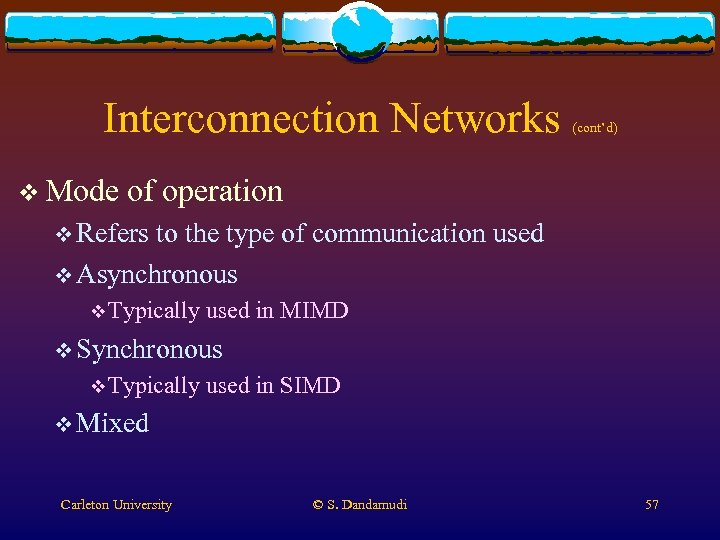 Interconnection Networks v Mode (cont’d) of operation v Refers to the type of communication