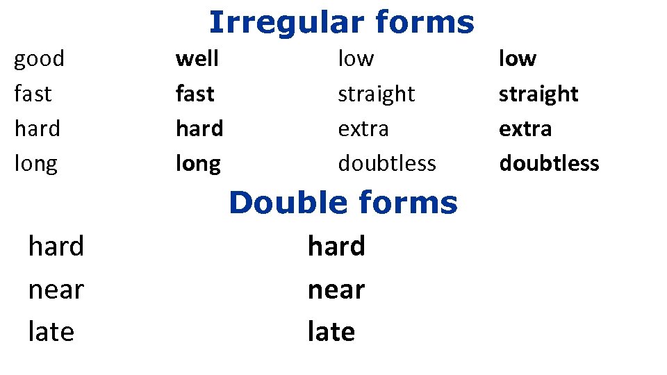 Irregular forms good fast hard long hard near late well fast hard long low