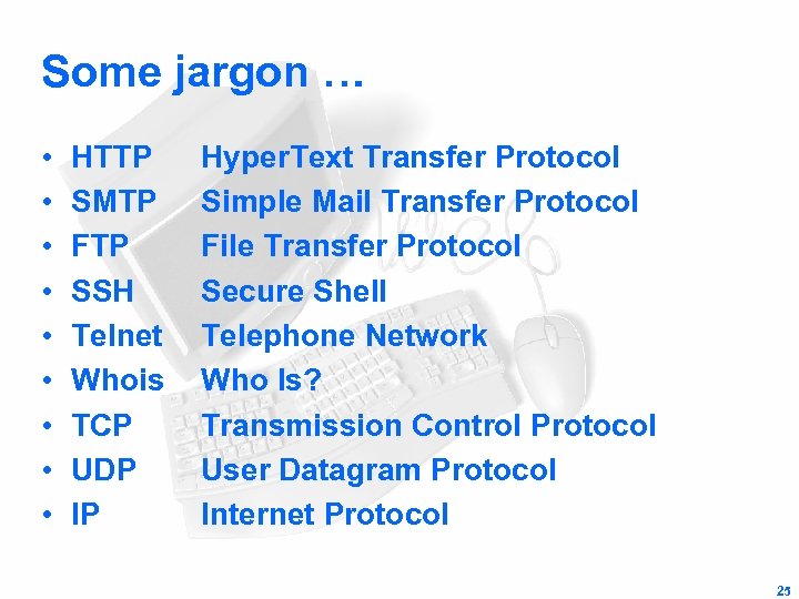 Some jargon … • • • HTTP SMTP FTP SSH Telnet Whois TCP UDP