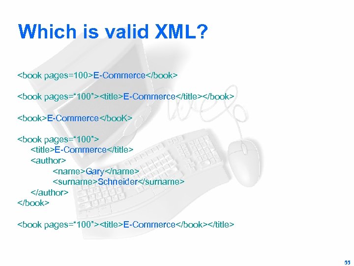 Which is valid XML? <book pages=100>E-Commerce</book> <book pages=“ 100”><title>E-Commerce</title></book> <book>E-Commerce</boo. K> <book pages=“ 100”>