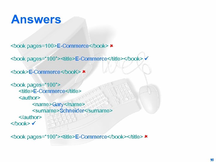 Answers <book pages=100>E-Commerce</book> <book pages=“ 100”><title>E-Commerce</title></book> <book>E-Commerce</boo. K> <book pages=“ 100”> <title>E-Commerce</title> <author> <name>Gary</name>