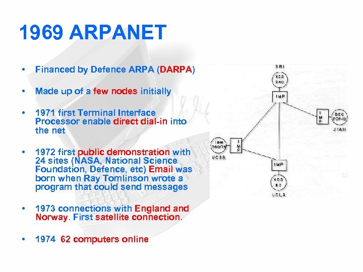 1969 ARPANET • Financed by Defence ARPA (DARPA) • Made up of a few