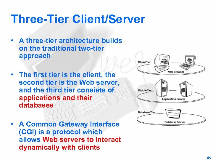 Three-Tier Client/Server • A three-tier architecture builds on the traditional two-tier approach • The