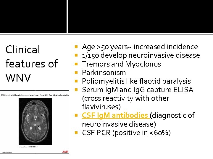 Clinical features of WNV Age >50 years~ increased incidence 1/150 develop neuroinvasive disease Tremors