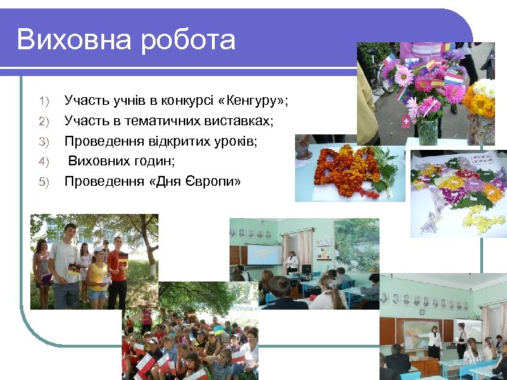 Виховна робота 1) 2) 3) 4) 5) Участь учнів в конкурсі «Кенгуру» ; Участь
