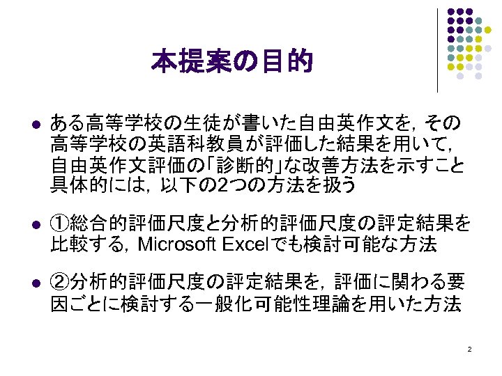 自由英作文評価の改善 評定結果の診断的活用 第 44回 大学英語教育学会 シンポジウム発表スライド 2005 09 10 山西