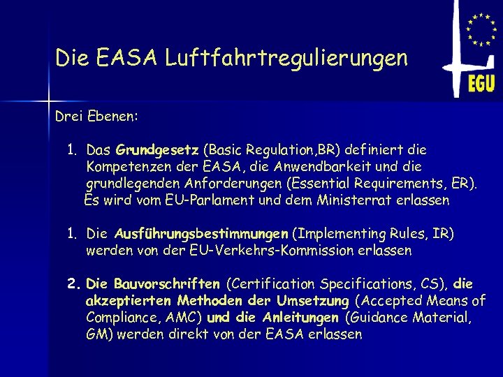 Die EASA Luftfahrtregulierungen Drei Ebenen: 1. Das Grundgesetz (Basic Regulation, BR) definiert die Kompetenzen