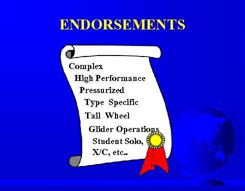 ENDORSEMENTS Complex High Performance Pressurized Type Specific Tail Wheel Glider Operations Student Solo, X/C,