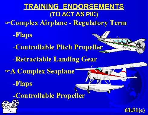 TRAINING ENDORSEMENTS (TO ACT AS PIC) F Complex Airplane - Regulatory Term -Flaps -Controllable