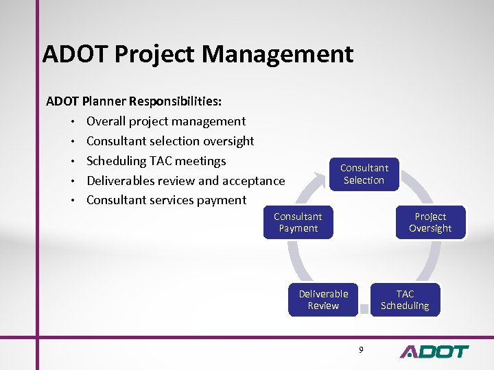 ADOT Project Management ADOT Planner Responsibilities: • Overall project management • Consultant selection oversight