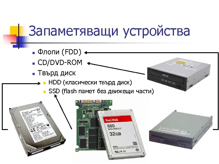 Запаметяващи устройства n n n Флопи (FDD) CD/DVD-ROM Твърд диск n n HDD (класически