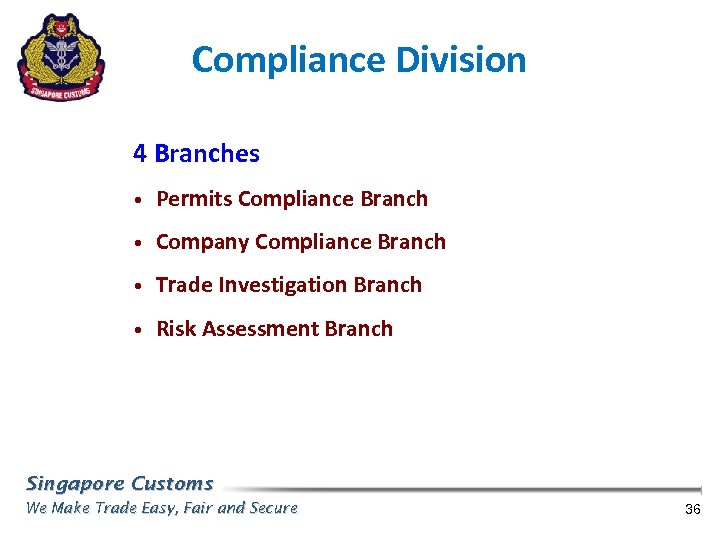 Compliance Division 4 Branches • Permits Compliance Branch • Company Compliance Branch • Trade