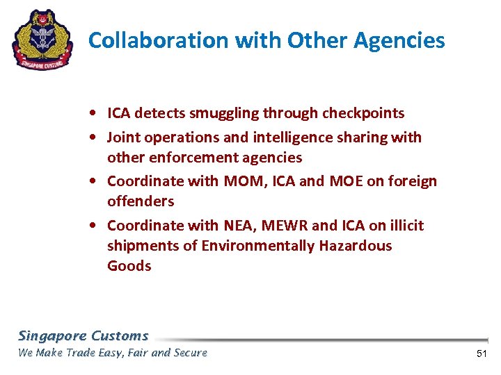 Collaboration with Other Agencies • ICA detects smuggling through checkpoints • Joint operations and