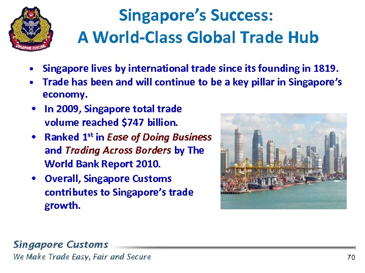 Singapore’s Success: A World-Class Global Trade Hub • Singapore lives by international trade since