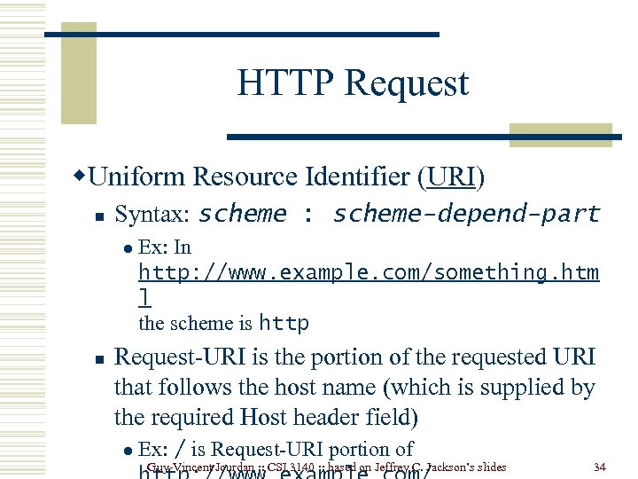 HTTP Request w. Uniform Resource Identifier (URI) n Syntax: scheme-depend-part l n Ex: In