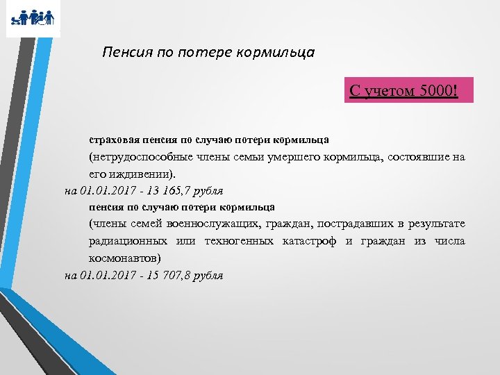 Пенсия по потере кормильца С учетом 5000! страховая пенсия по случаю потери кормильца (нетрудоспособные
