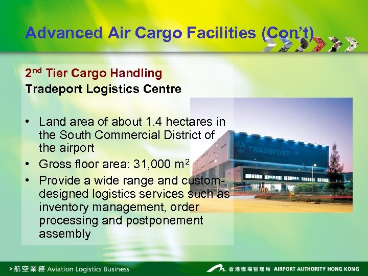 Advanced Air Cargo Facilities (Con’t) 2 nd Tier Cargo Handling Tradeport Logistics Centre •