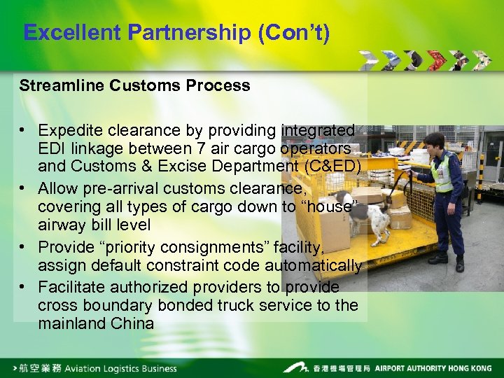 Excellent Partnership (Con’t) Streamline Customs Process • Expedite clearance by providing integrated EDI linkage