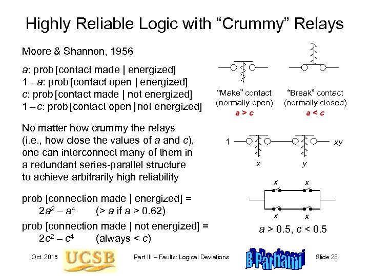 Highly Reliable Logic with “Crummy” Relays Moore & Shannon, 1956 a: prob [contact made