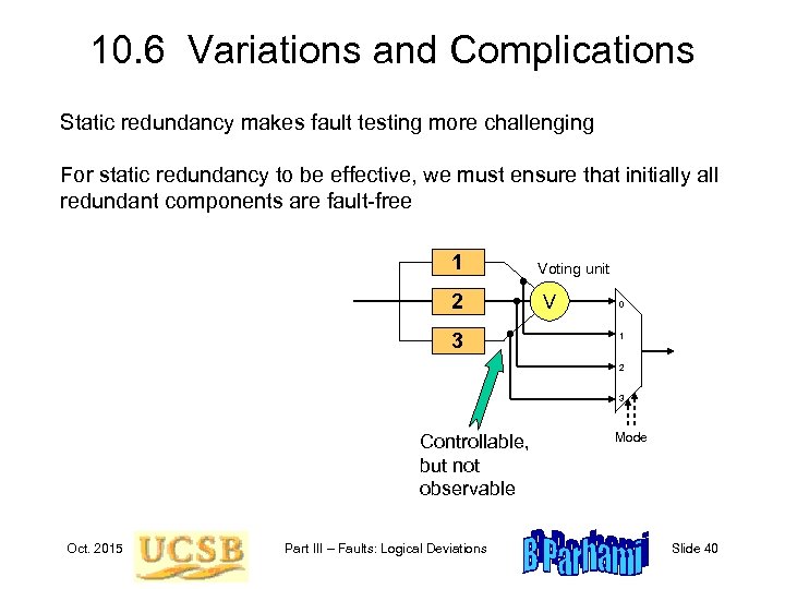 10. 6 Variations and Complications Static redundancy makes fault testing more challenging For static