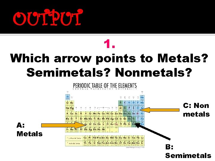 OUTPUT 1. Which arrow points to Metals? Semimetals? Nonmetals? C: Non metals A: Metals