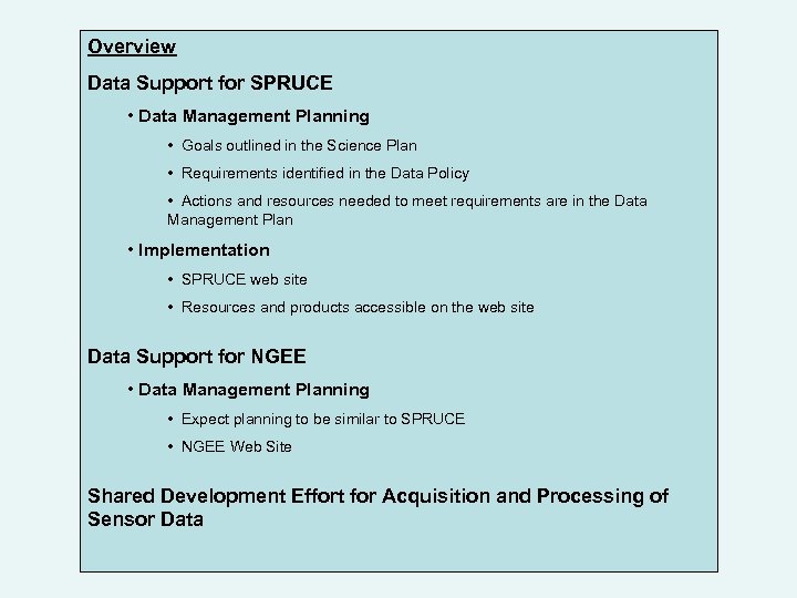 Overview Data Support for SPRUCE • Data Management Planning • Goals outlined in the