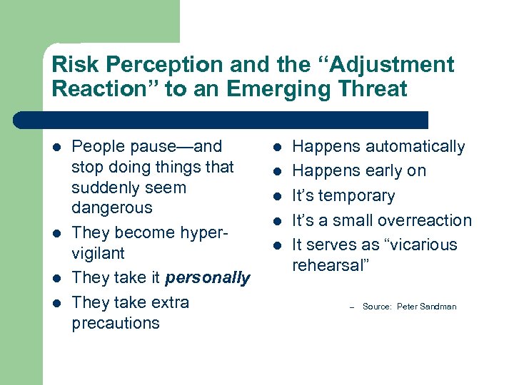 Risk Perception and the “Adjustment Reaction” to an Emerging Threat l l People pause—and