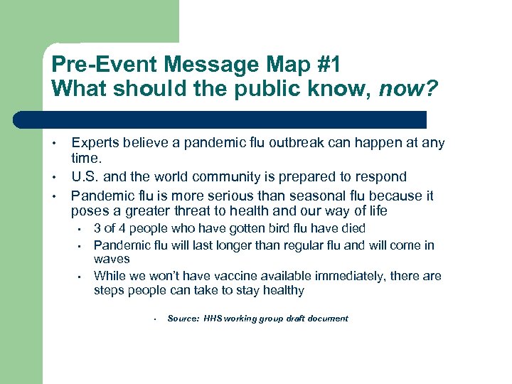 Pre-Event Message Map #1 What should the public know, now? • • • Experts