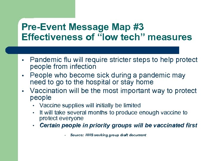 Pre-Event Message Map #3 Effectiveness of “low tech” measures • • • Pandemic flu
